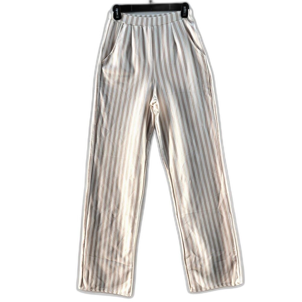 PrettyLittleThing Beige/White Striped Casual Wide Leg Pants w POCKETS Small - Picture 4 of 10